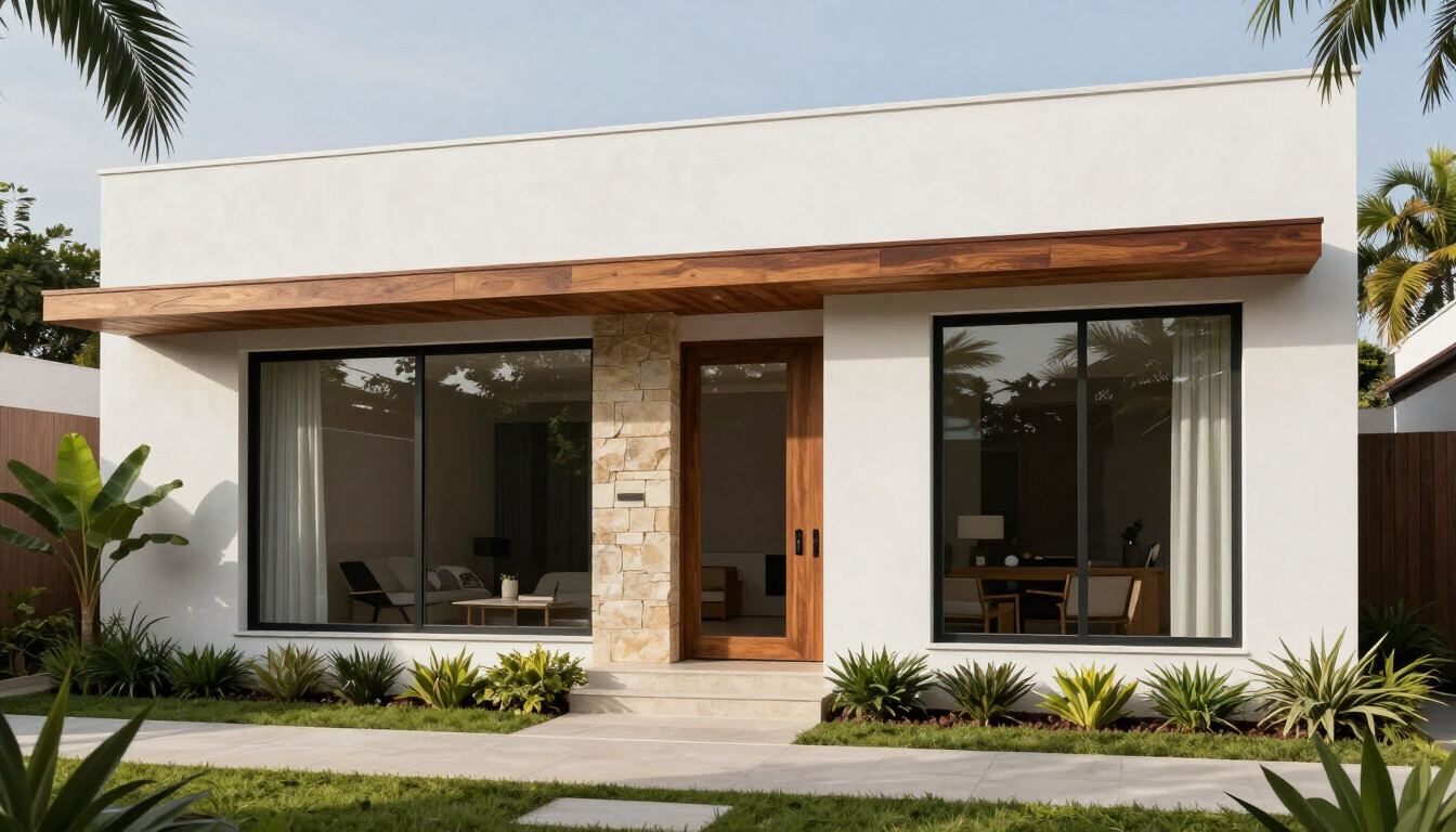 Casa moderna de una sola planta, con exterior blanco, detalles de madera, grandes ventanales y un pequeño jardín delantero