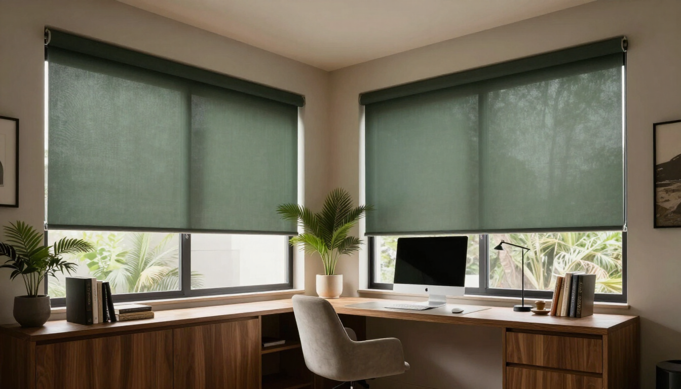 Oficina en casa moderna con escritorio de madera, ordenador, silla y estores verdes que cubren dos ventanas