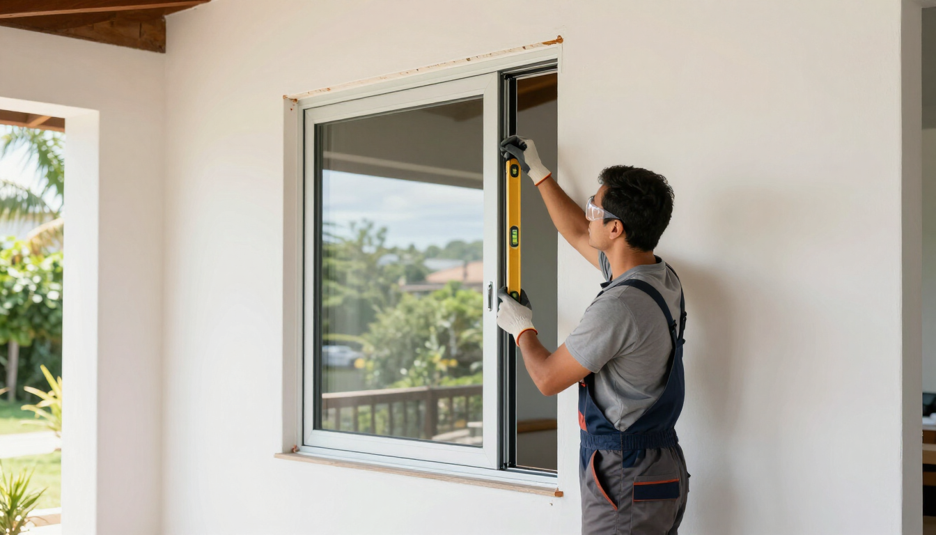 Persona instalando el marco de una ventana en el interior con un nivel, cerca de una puerta corrediza de vidrio abierta