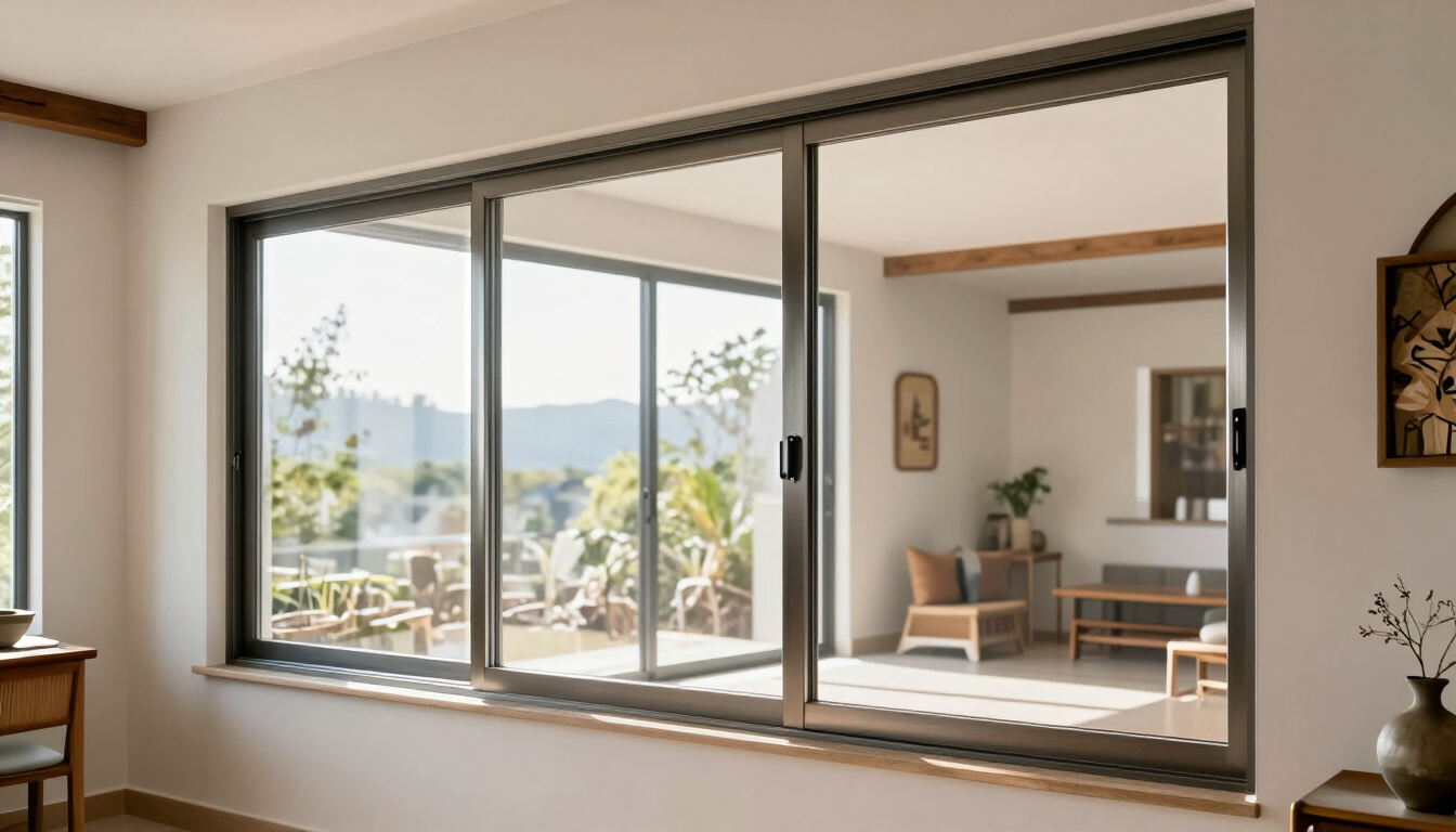 Salón moderno con grandes puertas correderas de cristal que dan a un balcón soleado y a colinas lejanas.