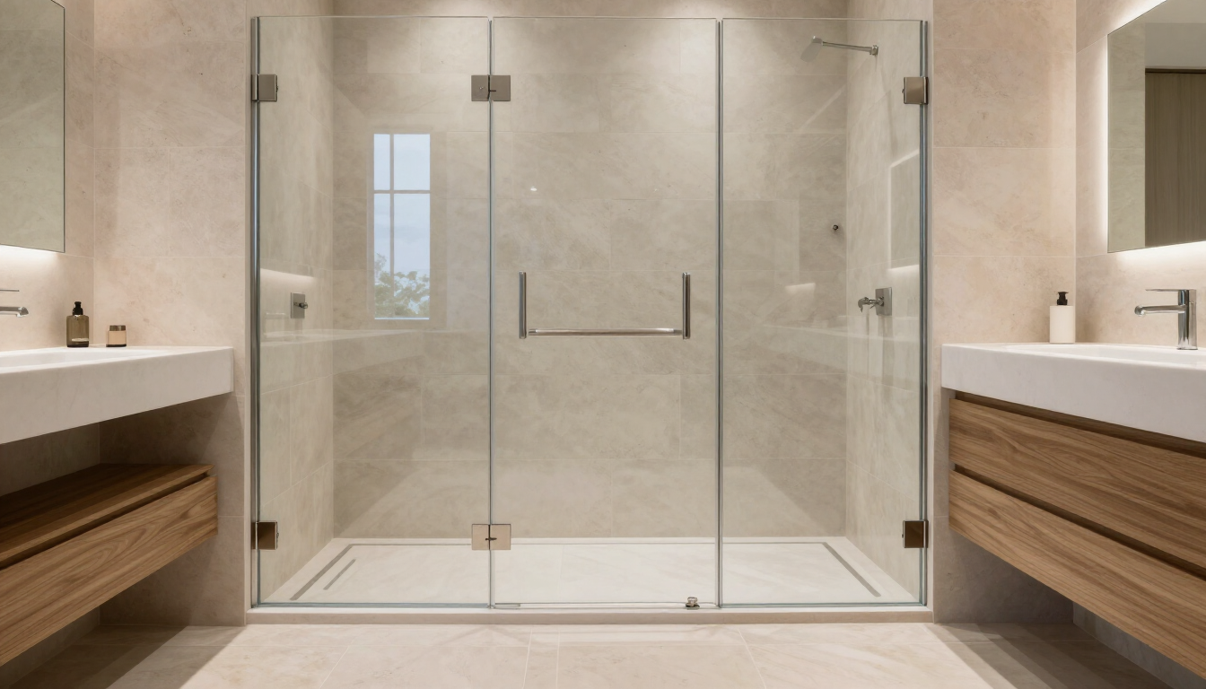 Baño moderno en tonos beige, con lavabo doble y una ducha central cerrada con mampara de cristal