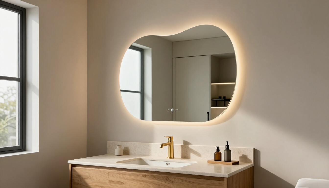 Tocador de baño moderno con espejo retroiluminado en forma de corazón, lavabo blanco y mueble de madera junto a una ventana