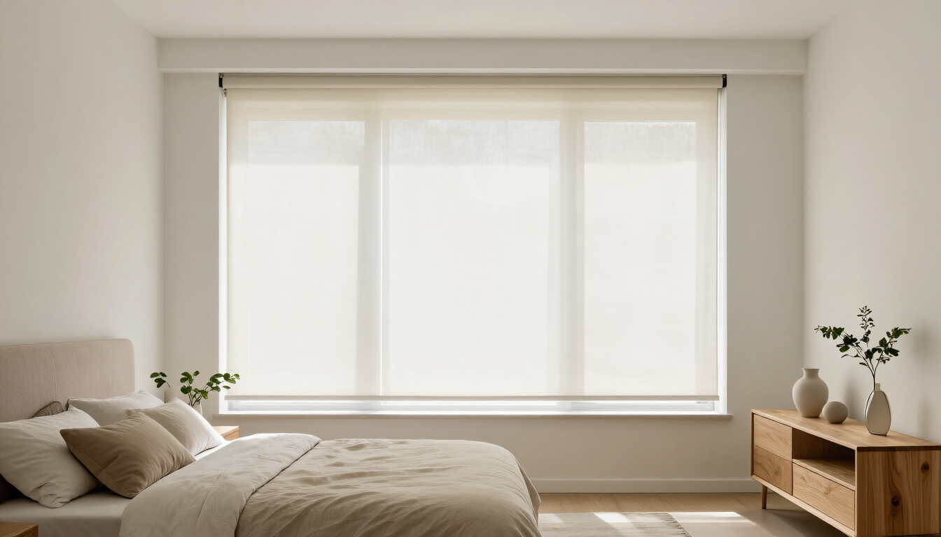 Dormitorio luminoso y minimalista con cama, ventana grande y cómoda de madera con jarrones.