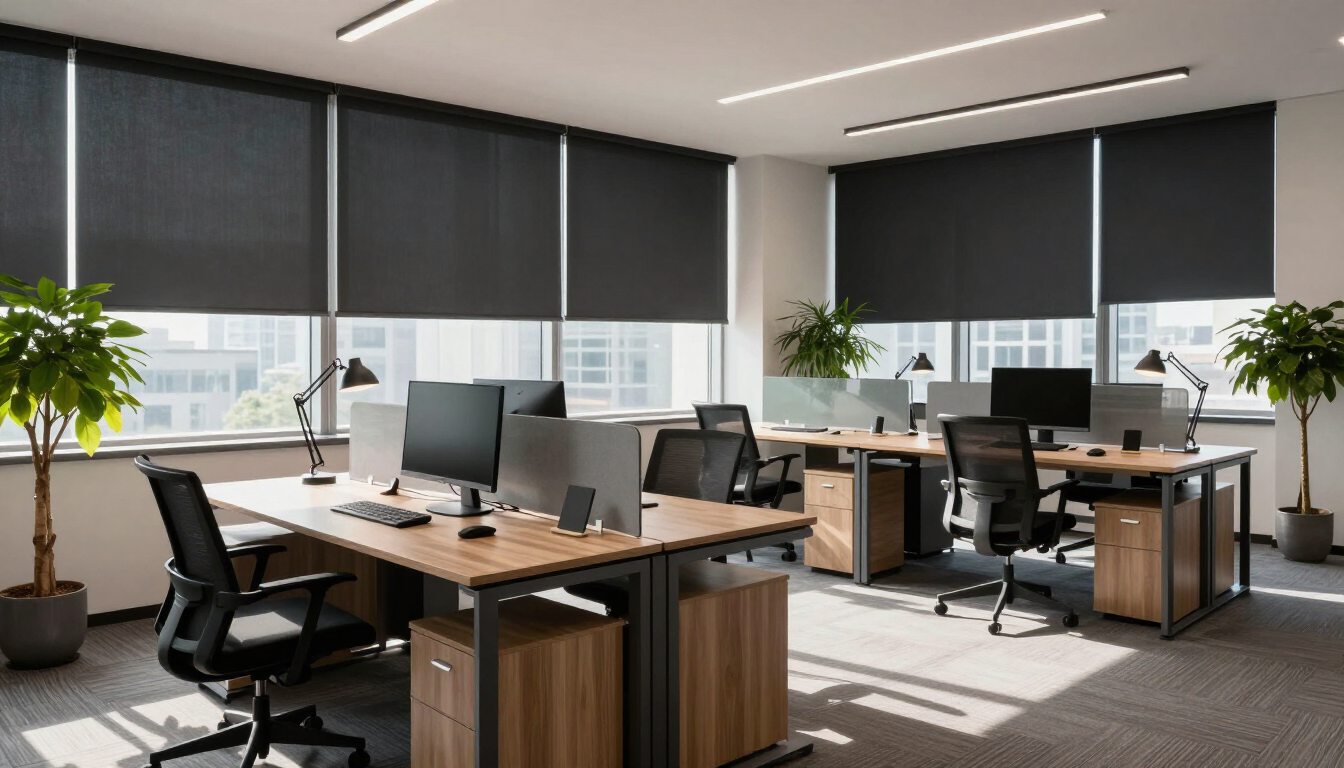 Oficina moderna y diáfana con escritorios, computadoras, sillas con ruedas y grandes ventanas con persianas.