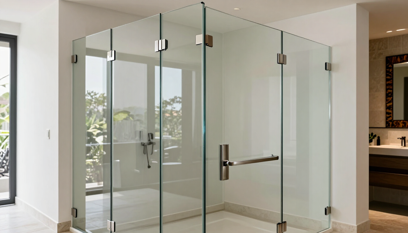 Baño moderno con mampara de ducha de vidrio transparente y grifería cromada en un interior luminoso y minimalista