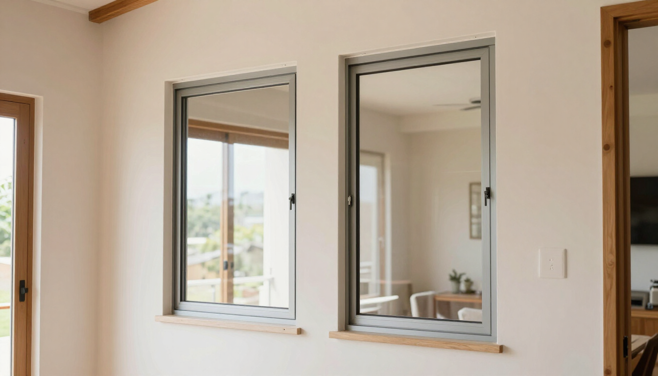 Dos ventanas interiores en una habitación de color beige claro, con una puerta enmarcada en madera