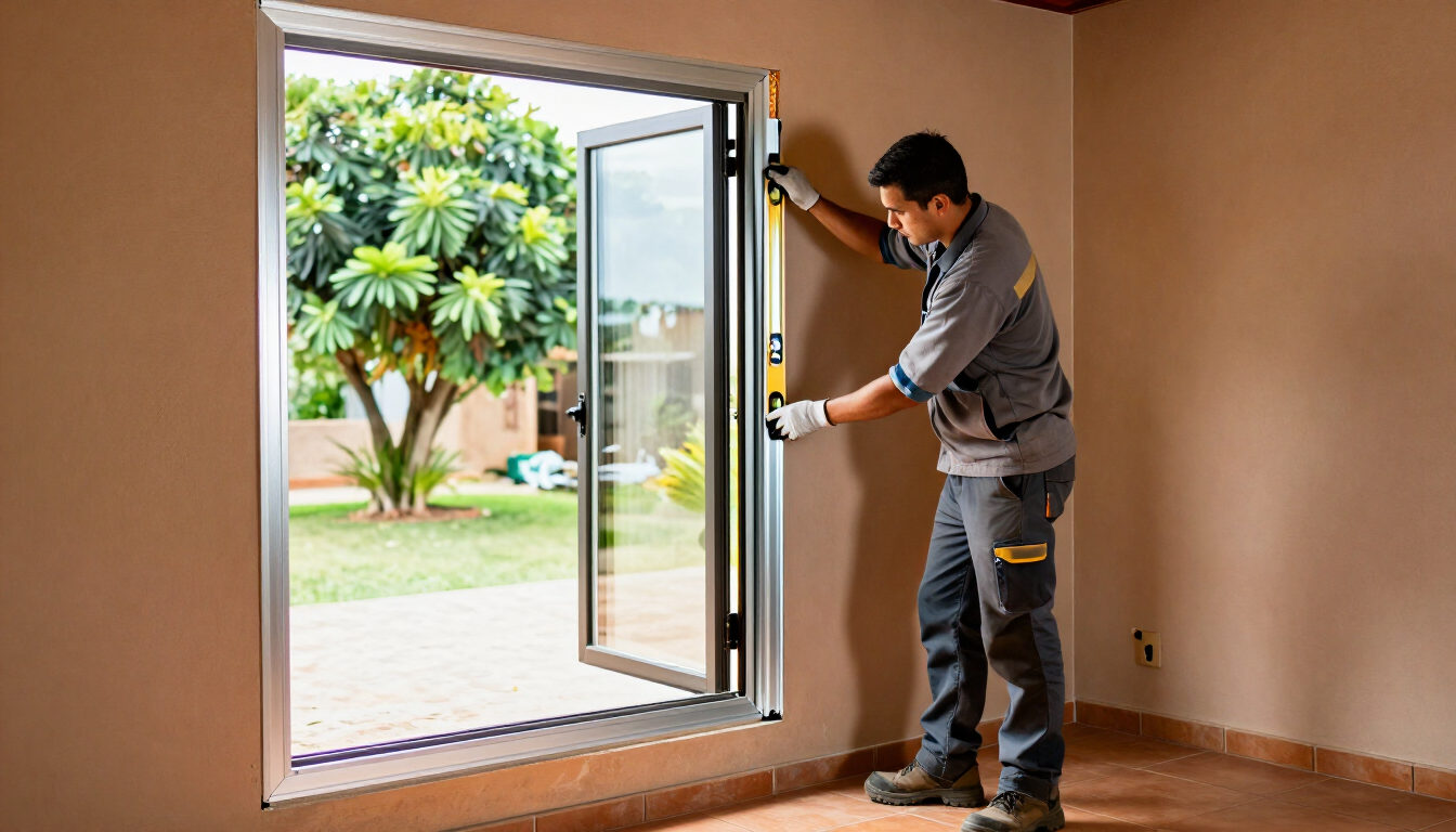 Trabajador instalando una gran puerta de cristal en una habitación vacía con vistas despejadas a un jardín