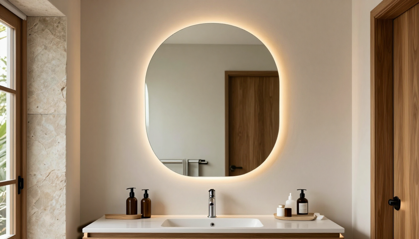 Mueble de baño moderno con espejo redondo retroiluminado, lavabo blanco, detalles de madera y dispensadores de jabón.
