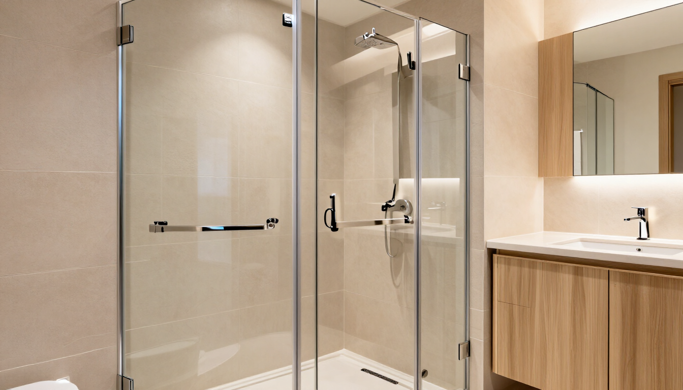 Baño moderno en tonos beige con mampara de ducha de cristal y lavabo sobre mueble de madera