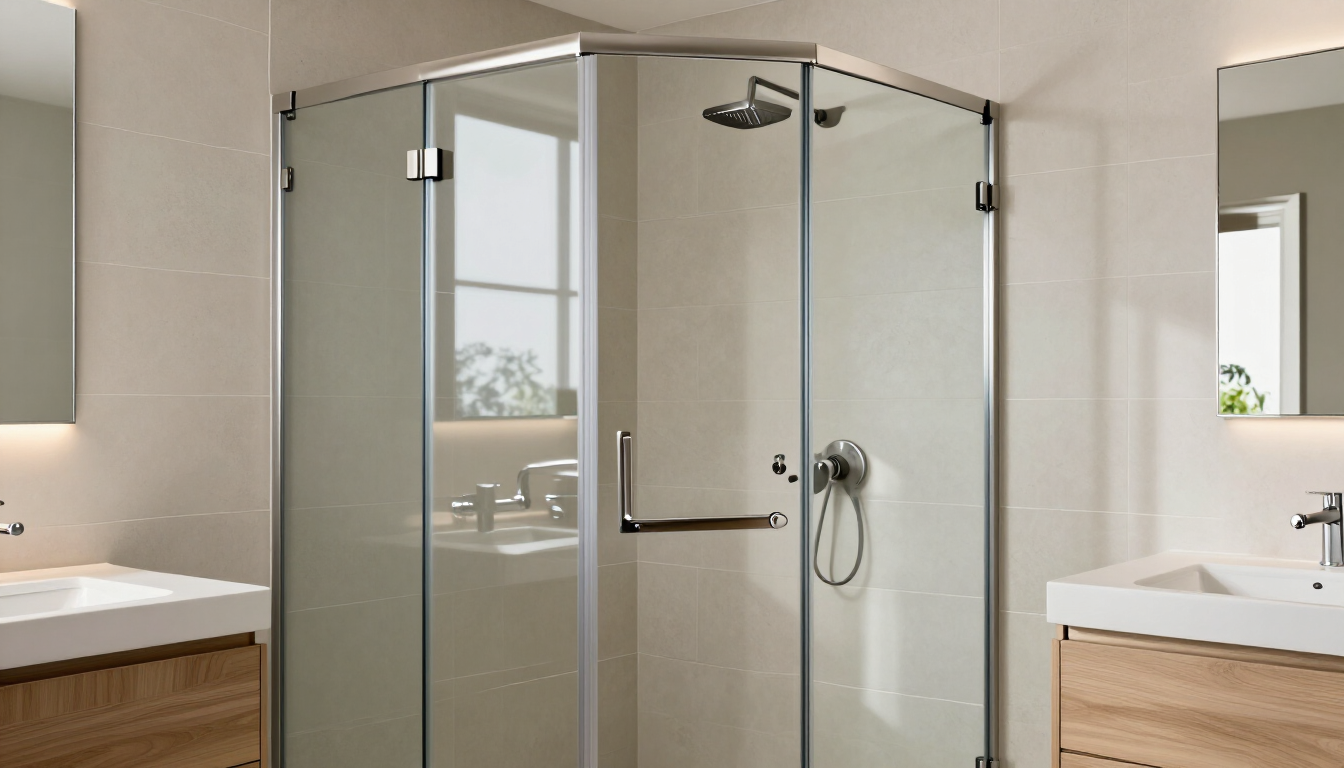 Baño moderno con ducha esquinera de cristal y dos lavabos, uno a cada lado
