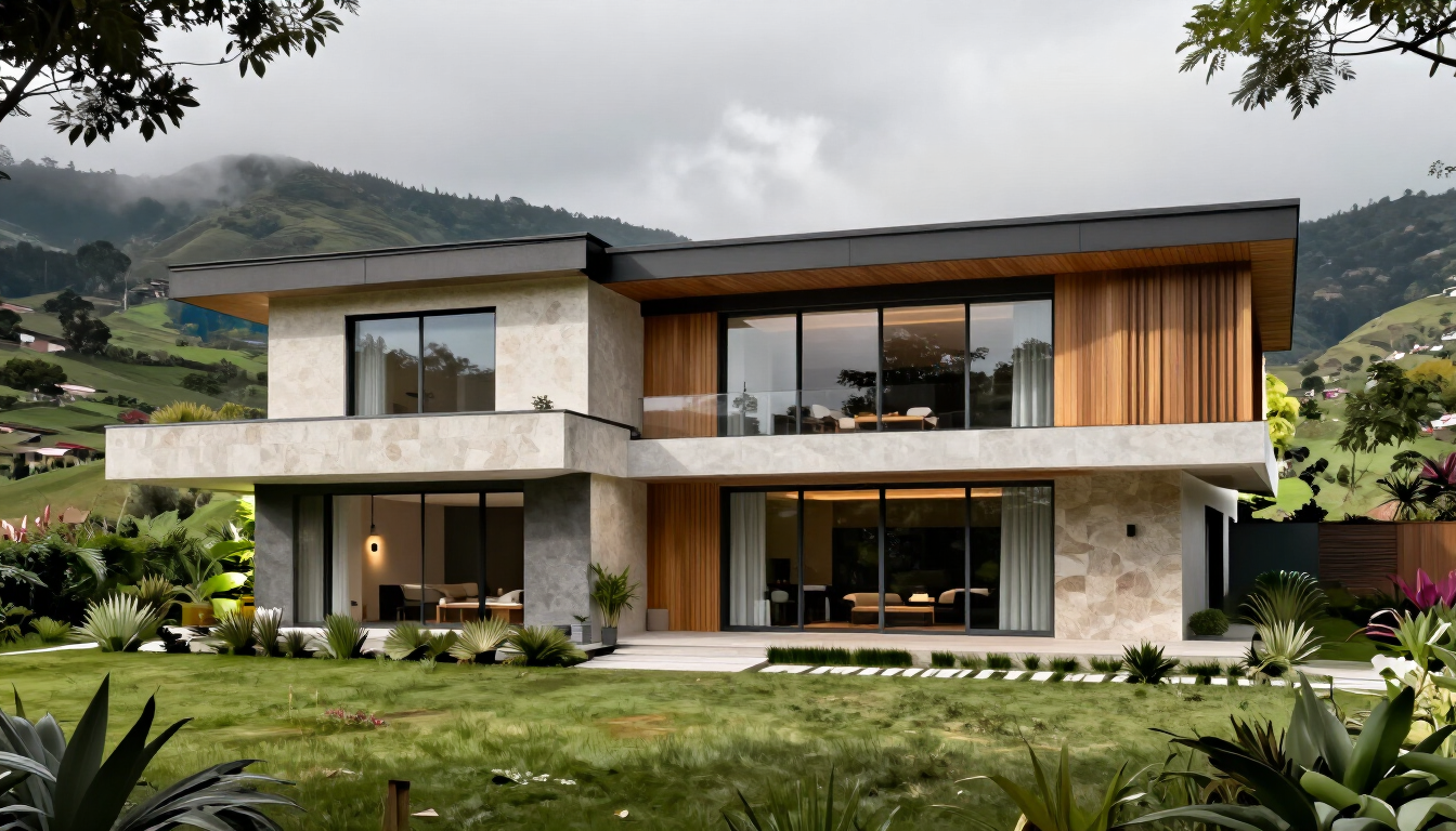 Casa moderna de dos plantas con grandes ventanales, detalles de madera y muros de piedra