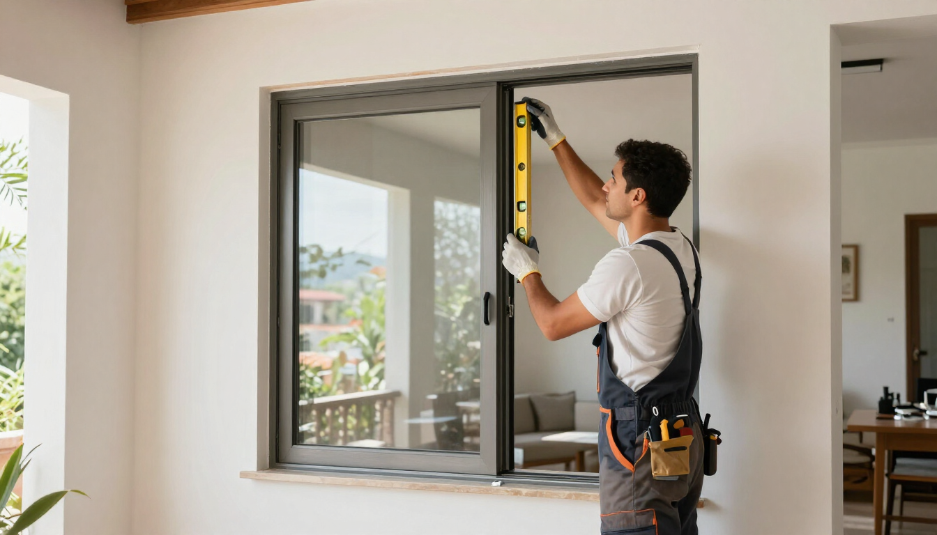 Un trabajador mide el hueco de una ventana corredera con un nivel en una habitación luminosa