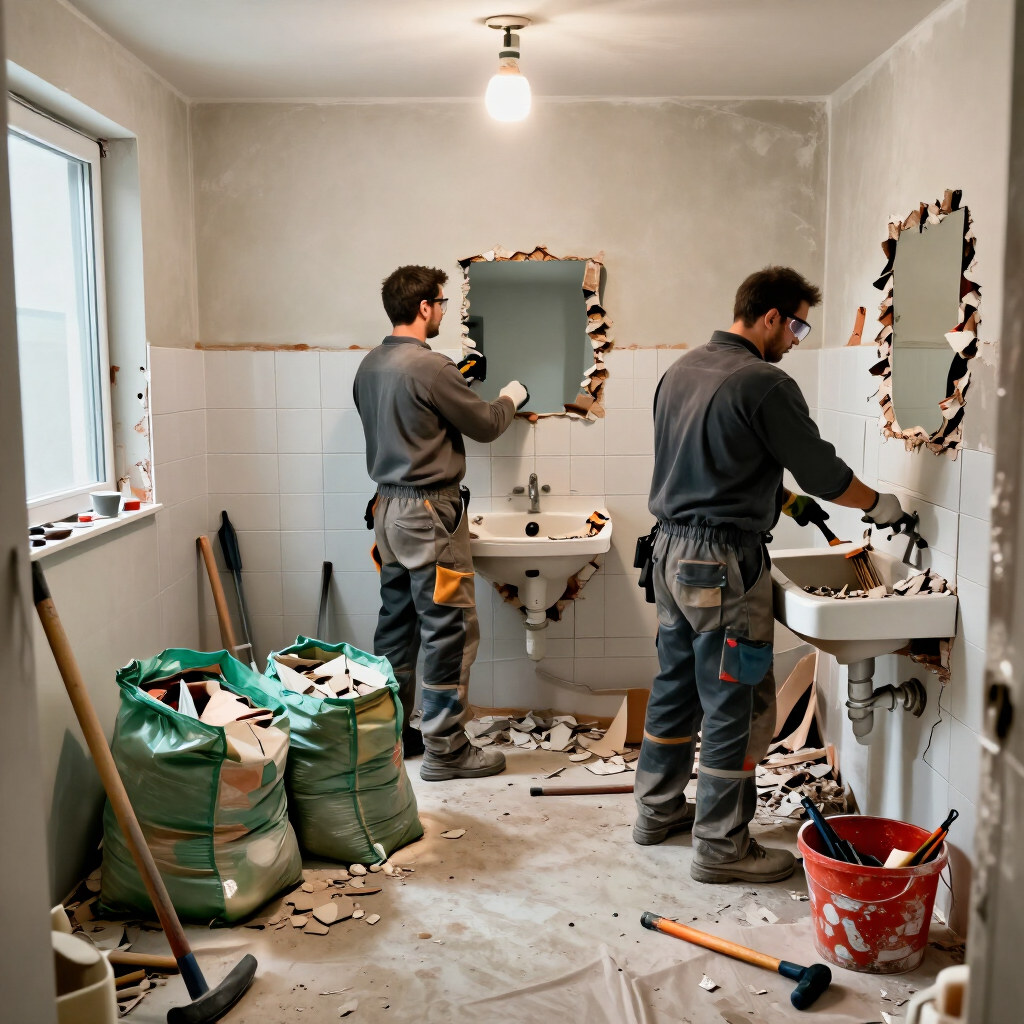 Twee arbeiders renoveren een badkamer, met gereedschap, puin en opengebroken delen van de muur rond de wastafel en spiegel.