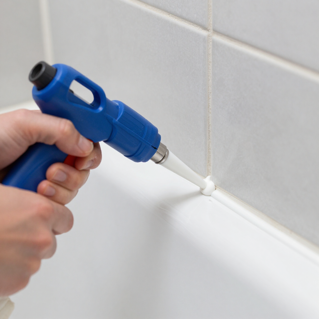 Blauw kitpistool dat witte kit aanbrengt langs een tegelnaad in de badkamer
