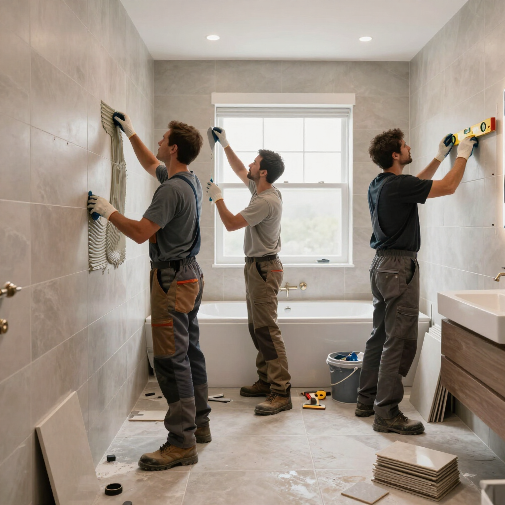 Drie arbeiders leggen witte tegels in een badkamer die wordt gerenoveerd