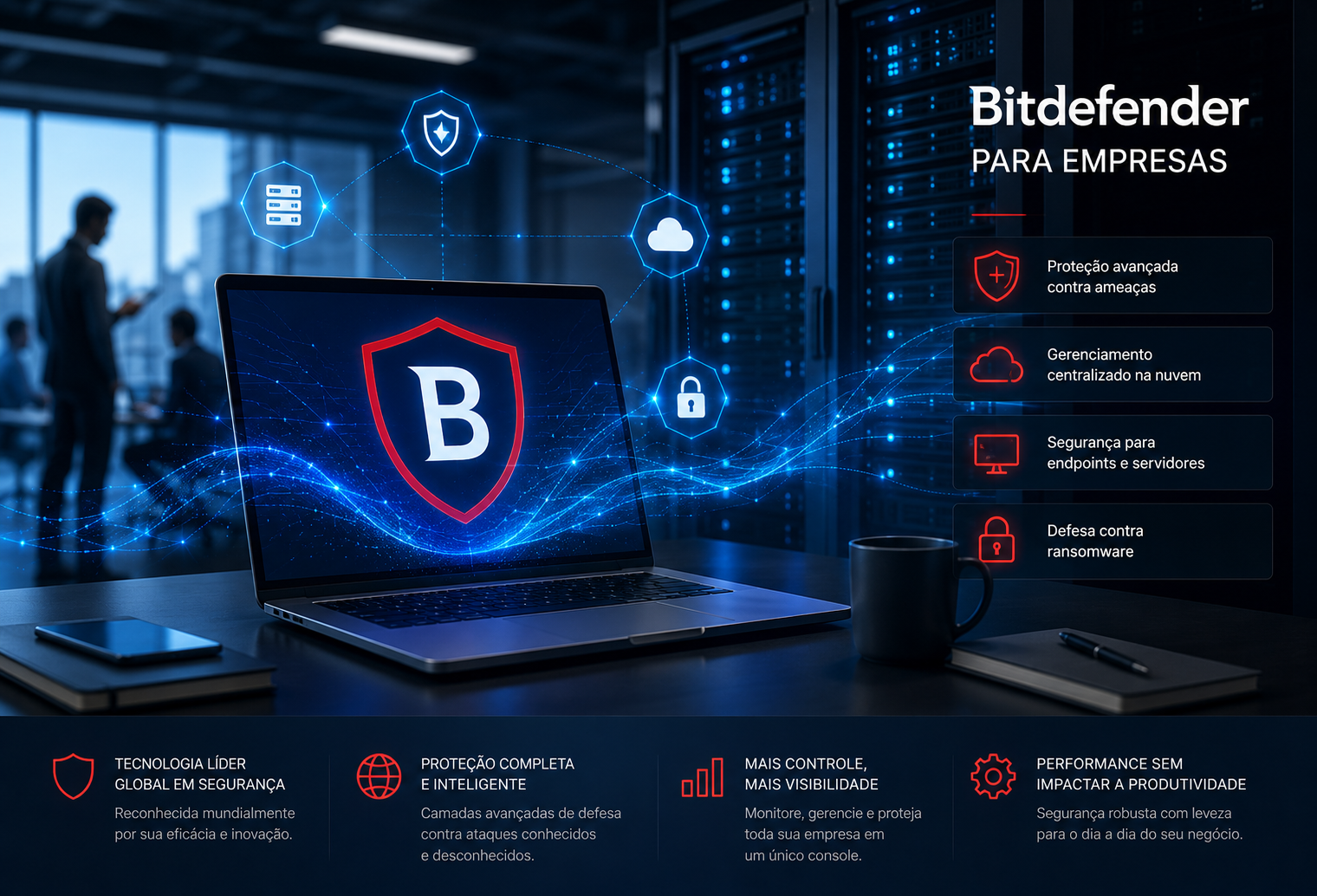Bitdefender para empresas, antivírus corporativo e proteção contra ransomware.