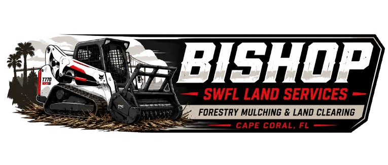 Bishop Swell Land Services logo with skid steer, palm tree, and text for forestry, land clearing, Cape Coral, FL