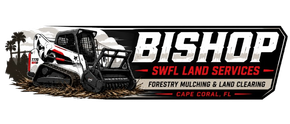Bishop Swell Land Services logo with skid steer, palm tree, and text for forestry, land clearing, Cape Coral, FL