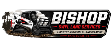 Bishop Swell Land Services logo with skid steer, palm tree, and text for forestry, land clearing, Cape Coral, FL