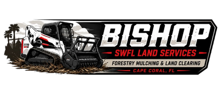 Bishop Swell Land Services logo with skid steer, palm tree, and text for forestry, land clearing, Cape Coral, FL