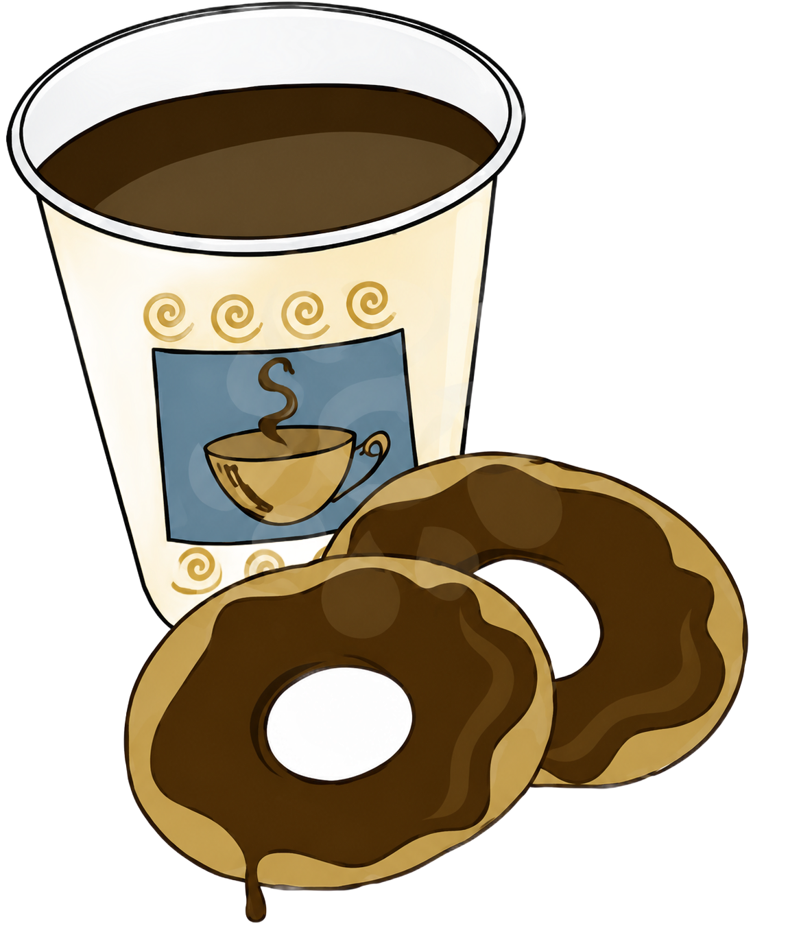 Cup of hot coffee with two chocolate-glazed donuts