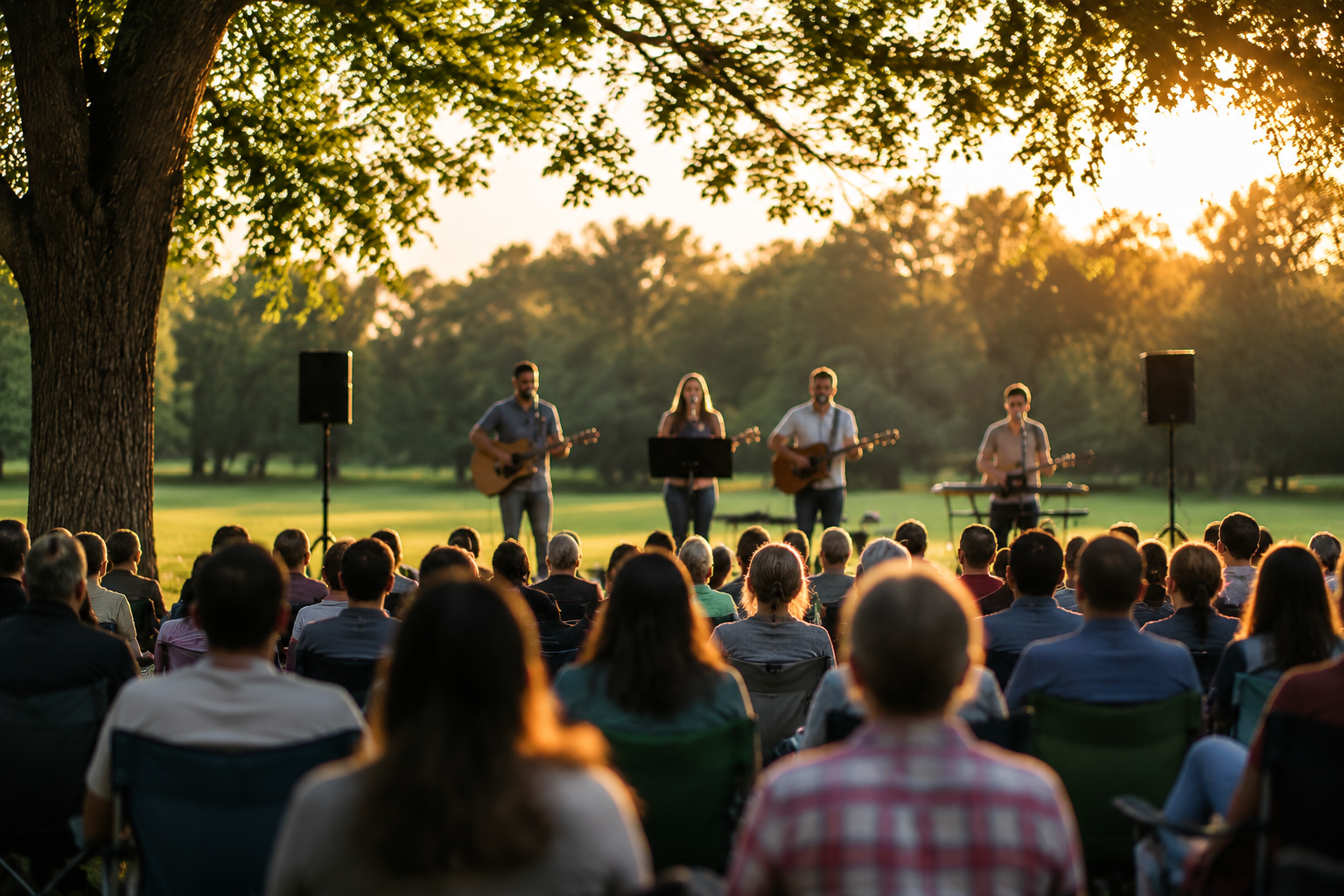 Outdoor concert with a small band performing on a lawn for a seated audience at sunset