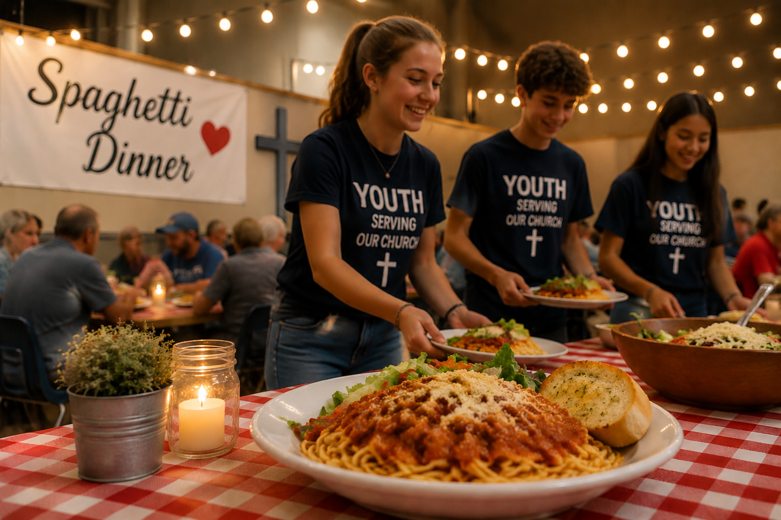 Youth in matching shirts serve spaghetti at a church with a “Spaghetti Dinner” sign.