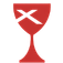 Red chalice icon with a white cross and two white diagonal lines on top