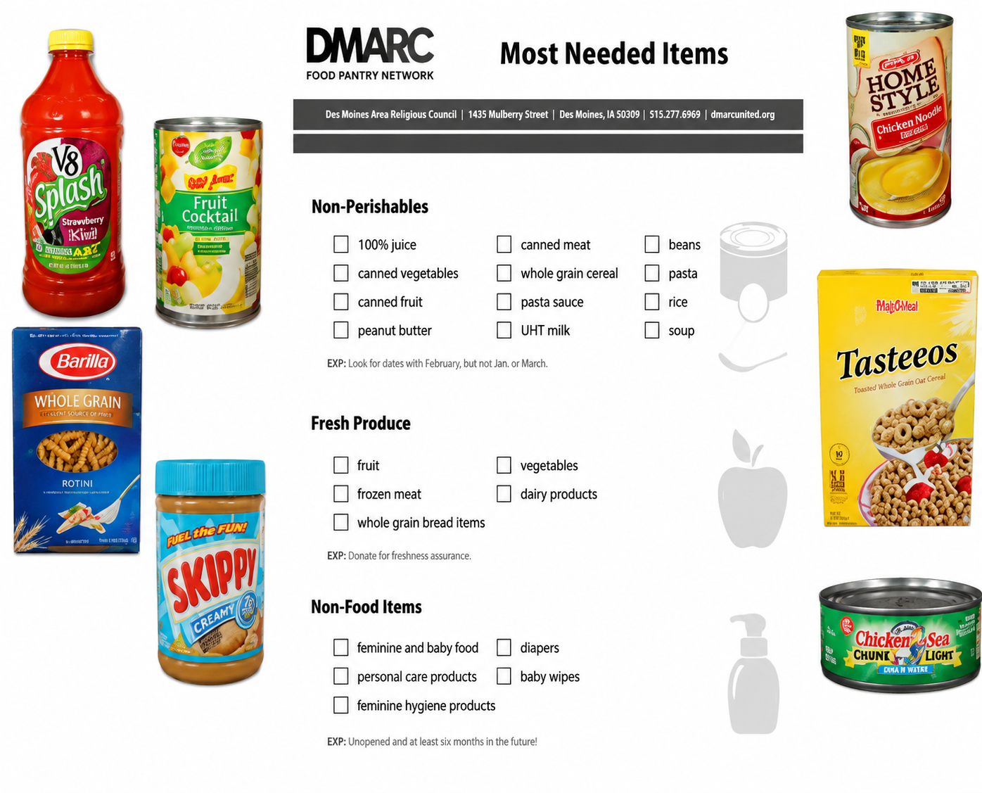 DMARC grocery worksheet with food images and a “Most Needed Items” checklist on a white background