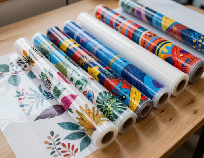 Rollitos de hojas estampadas con motivos florales y geométricos de colores, dispuestos sobre una mesa de madera.