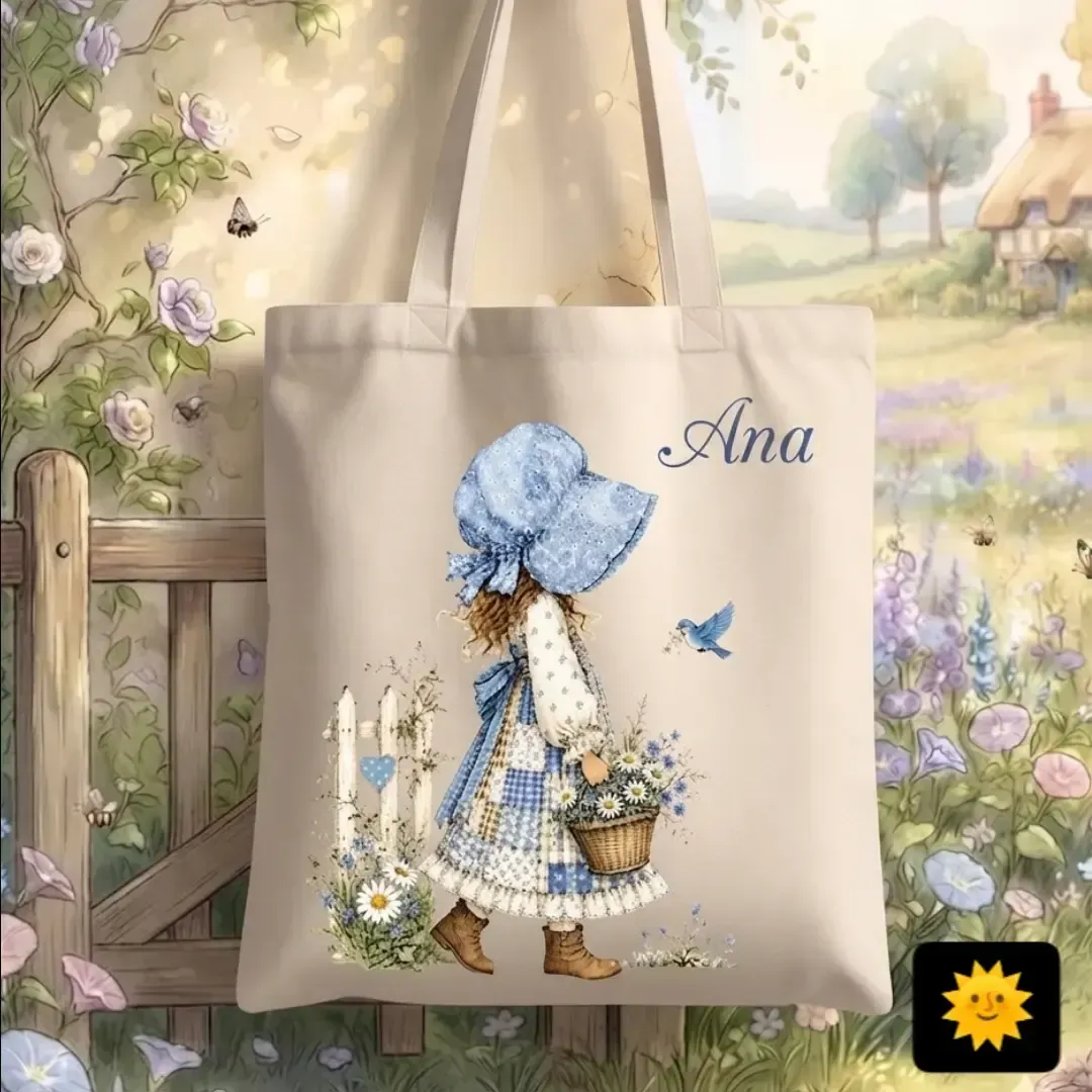 Bolso de tela con ilustración de una niña con flores azules y el nombre