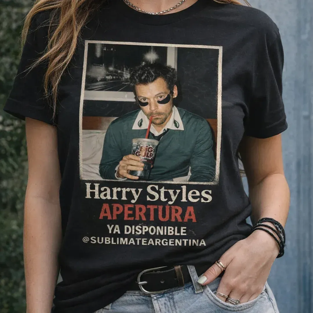 Camiseta negra con gráfico de Harry Styles y texto “APERTURA YA DISPONIBLE” en rosa y blanco.