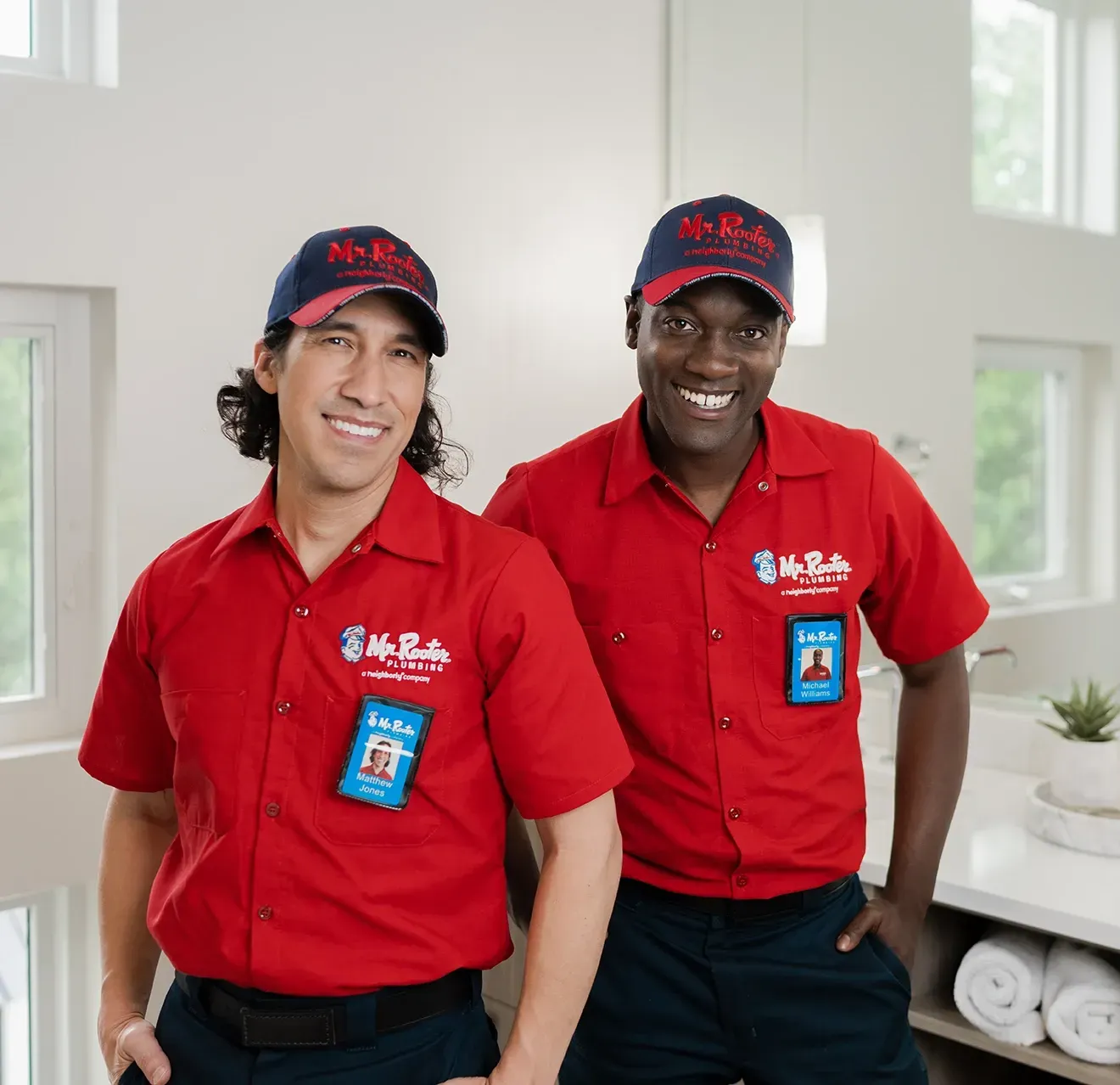 A professional wearing a red uniform and cap shows a tablet screen to a person while standing in a home.