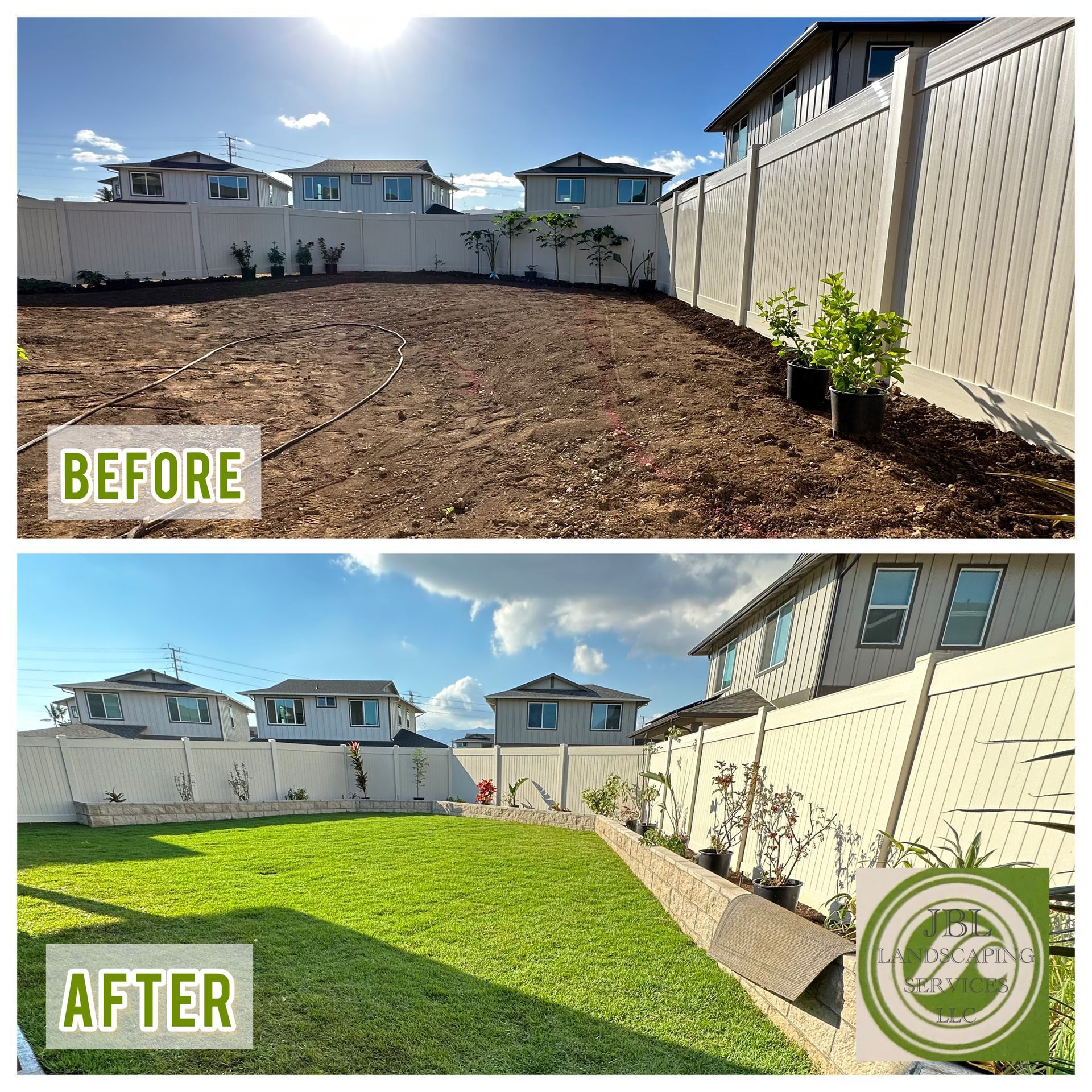 a before and after photo of a lawn with a white fence .
