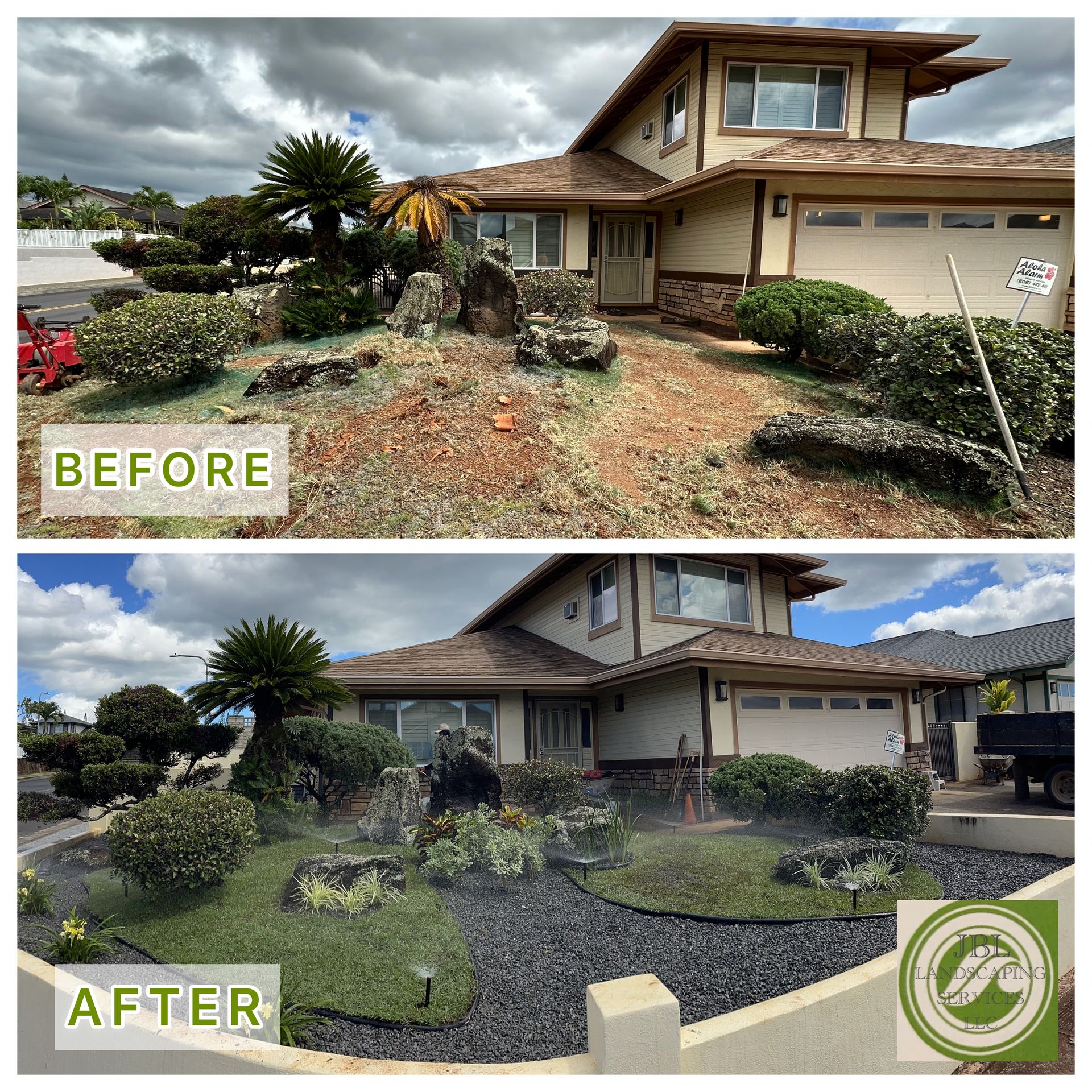 a before and after picture of a house with a lush green lawn .