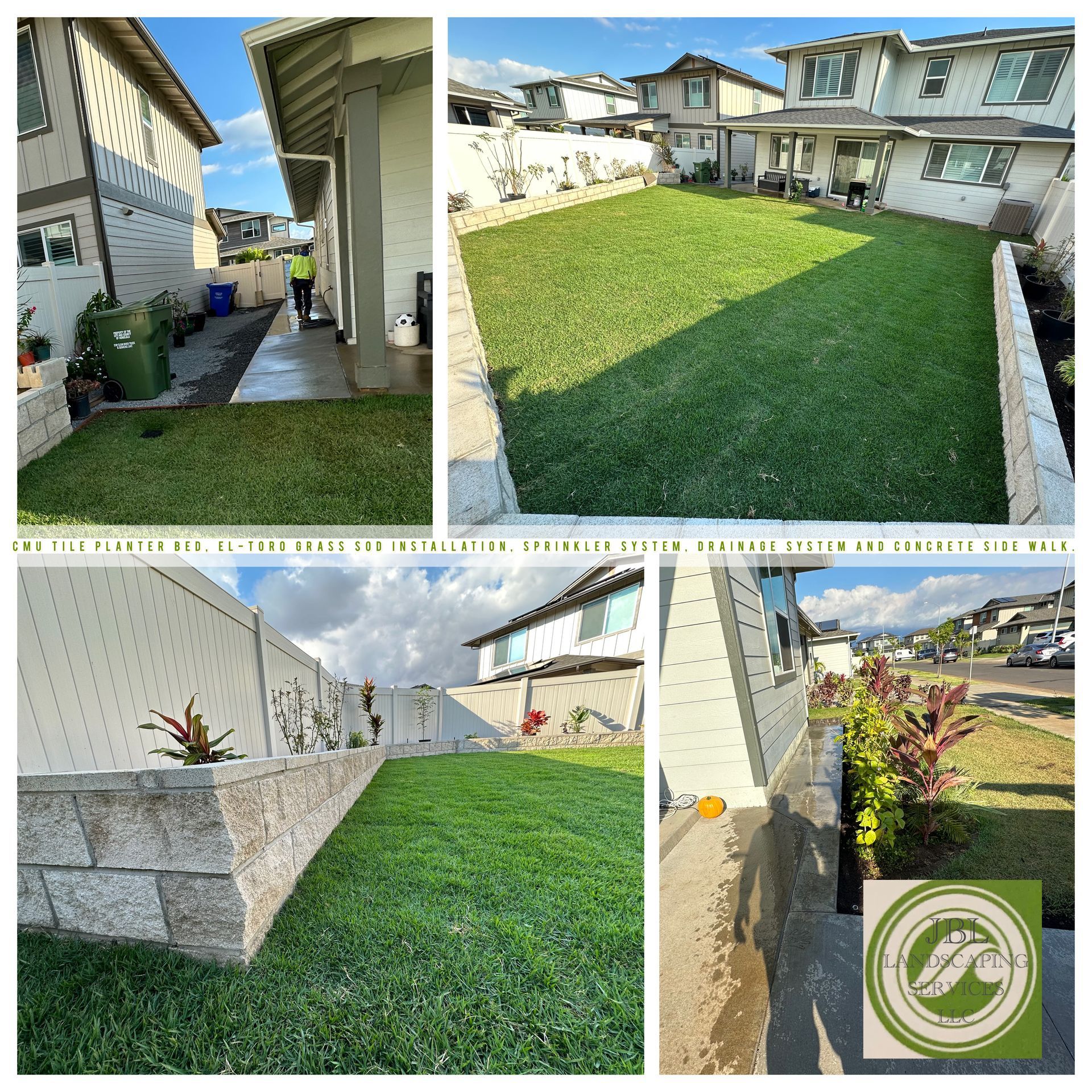 a collage of pictures of a lush green lawn in front of a house .