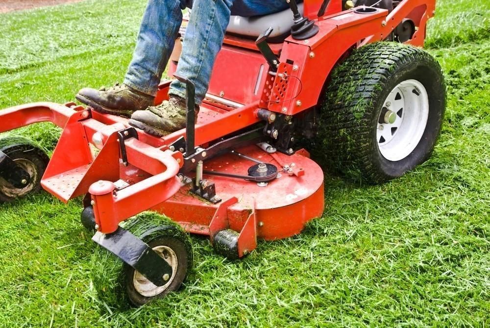 a person is riding a lawn mower on a lush green lawn .