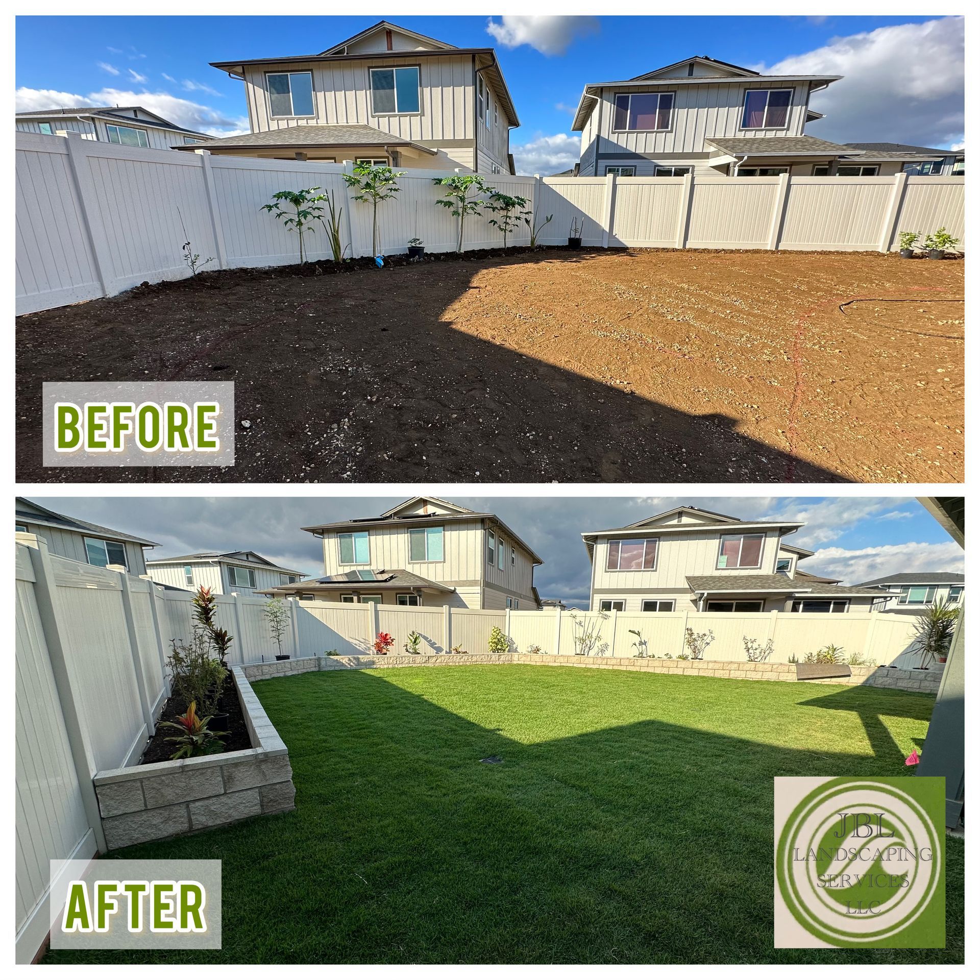 a before and after photo of a backyard with a white fence