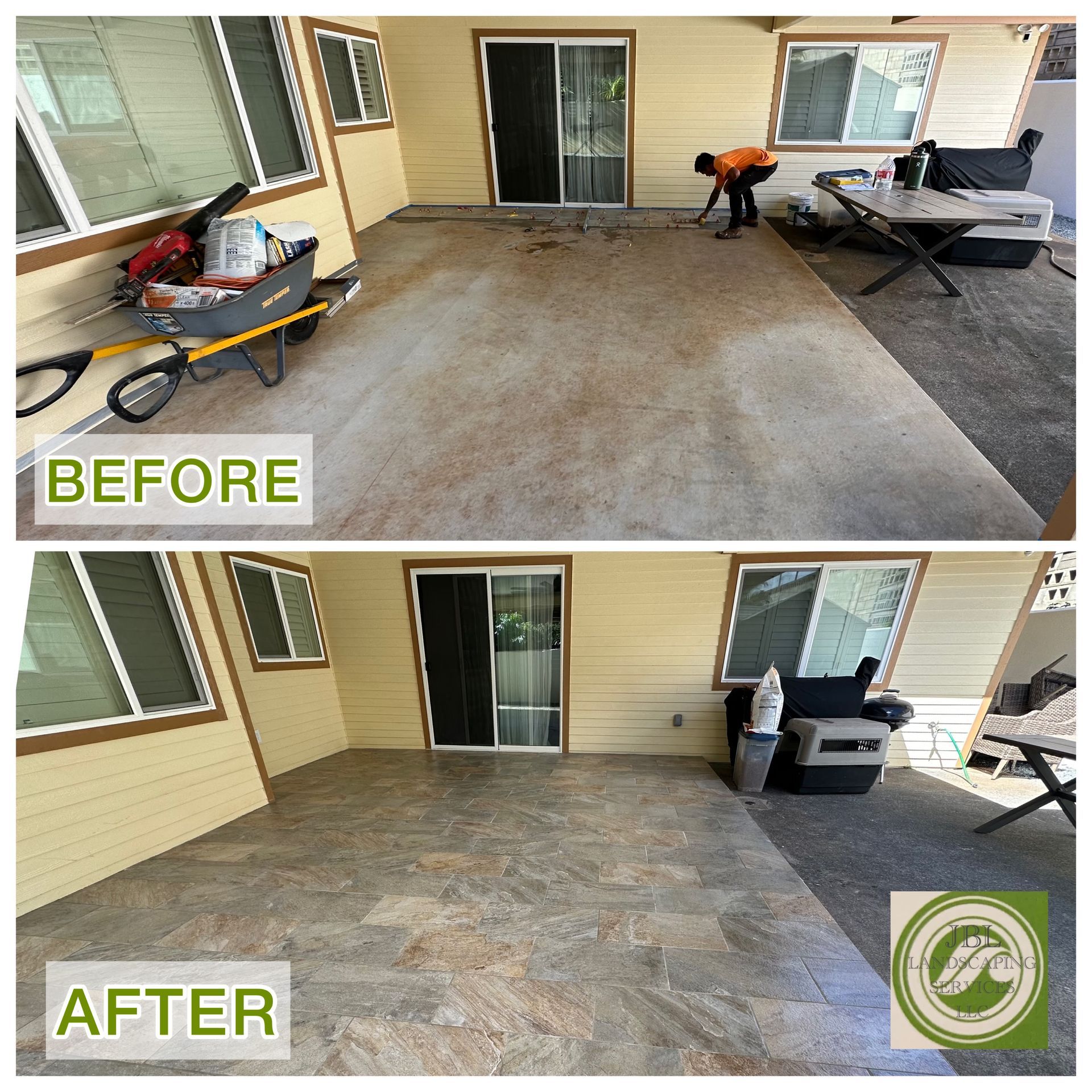 a before and after photo of a patio with a wheelbarrow