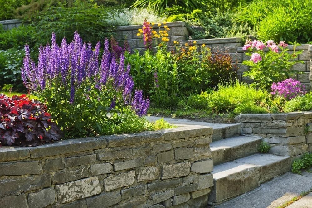 a stone wall surrounds a garden filled with lots of flowers and plants .