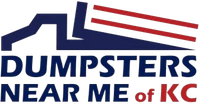 Dumpsters Near Me of KC logo with blue dump truck and red stripes