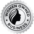 Women owned business seal logo with a woman’s profile silhouette in black and white