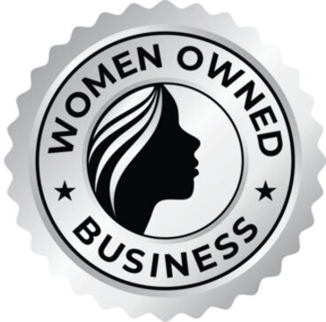 Women owned business seal logo with a woman’s profile silhouette in black and white