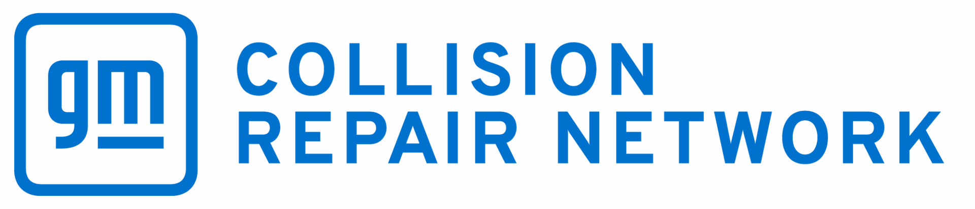 GM Collision Repair Network logo. A blue square with 