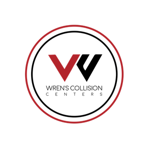 Logo for Wren's Collision Centers: red and black "VW" inside a circle with red and black outer rings.