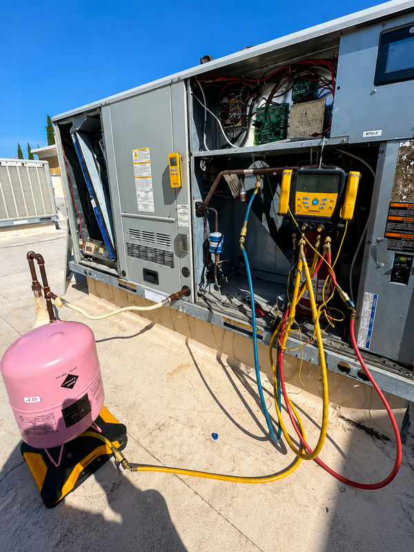 Outdoor HVAC service setup with gauges, hoses, and a pink refrigerant tank beside an open unit.