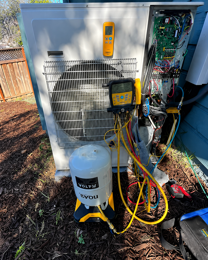 Outdoor HVAC unit with gauges, yellow tools, and tangled hoses beside a house wall.