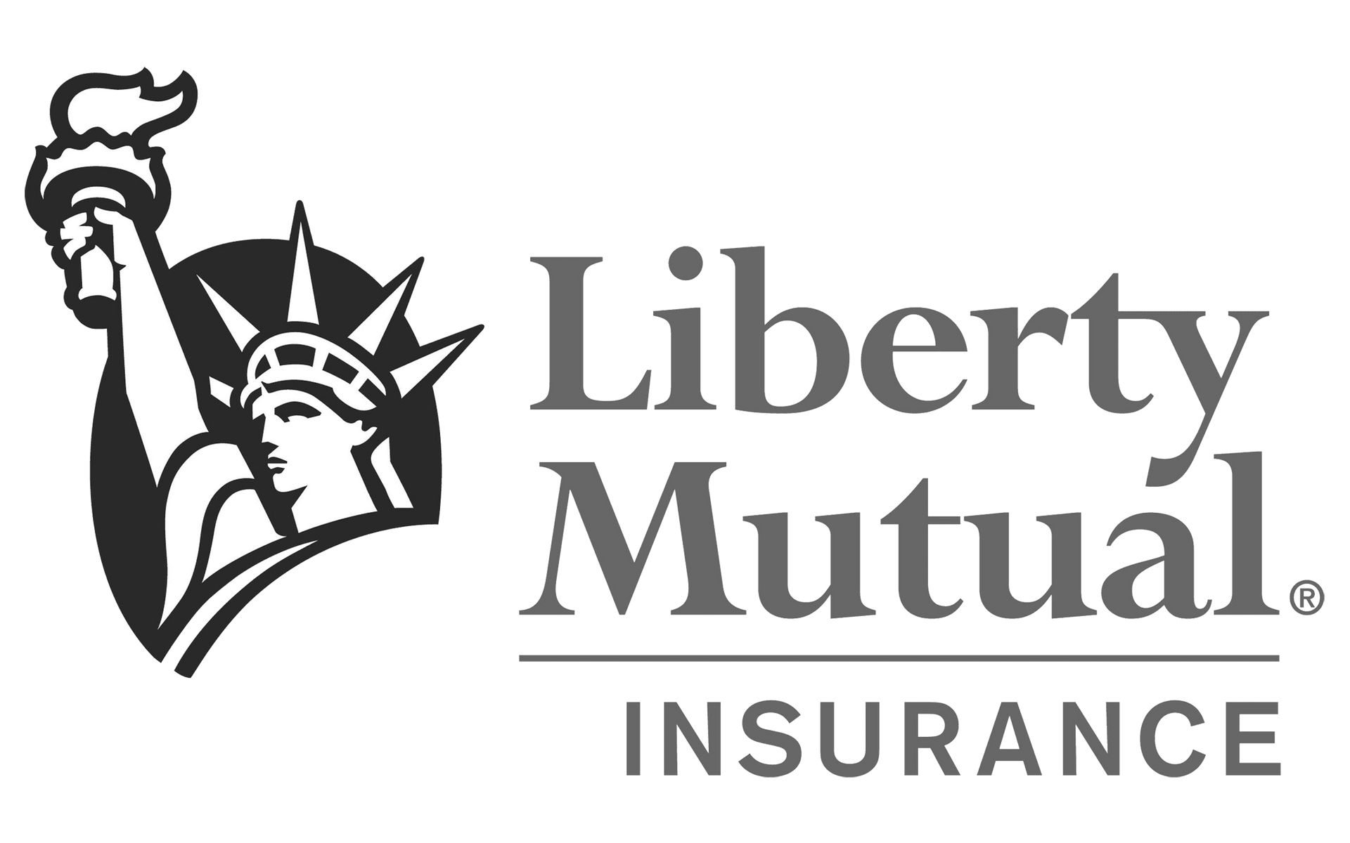 The liberty mutual insurance logo is black and white and shows the statue of liberty holding a torch.
