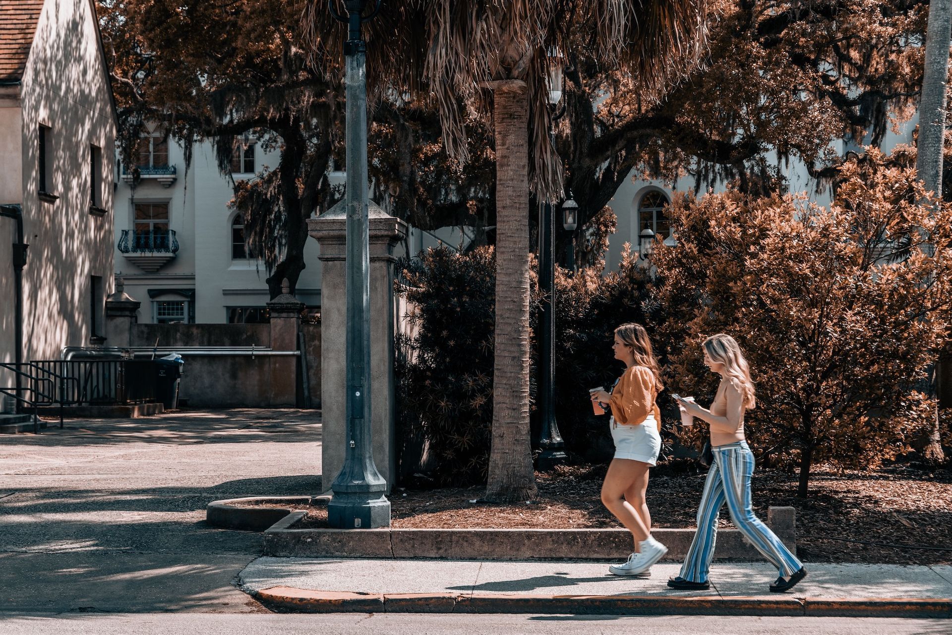 Two young women wearing casual clothing walking along a paved city sidewalk past tall leafy tree
