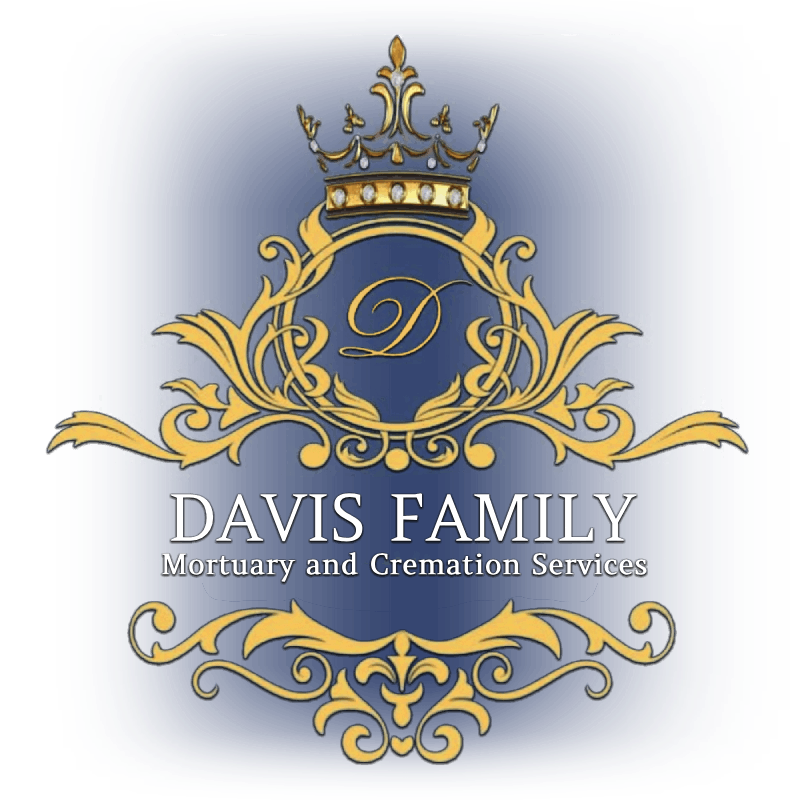 Davis Family Mortuary and Cremation Services logo in gold and white with ornate crown and monogram on blue background